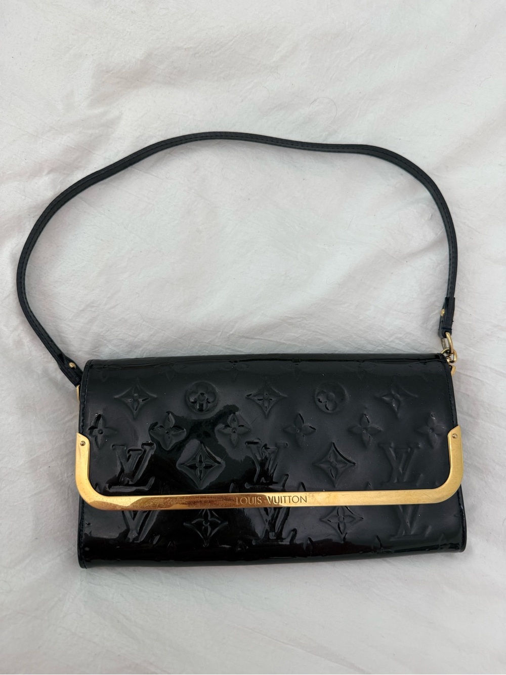 Louis Vuitton Black Vernis Patent Monogram Clutch with Gold Trim